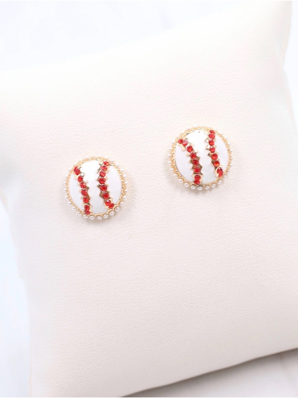 Baseball White & Red Crystal Round Stud Earrings